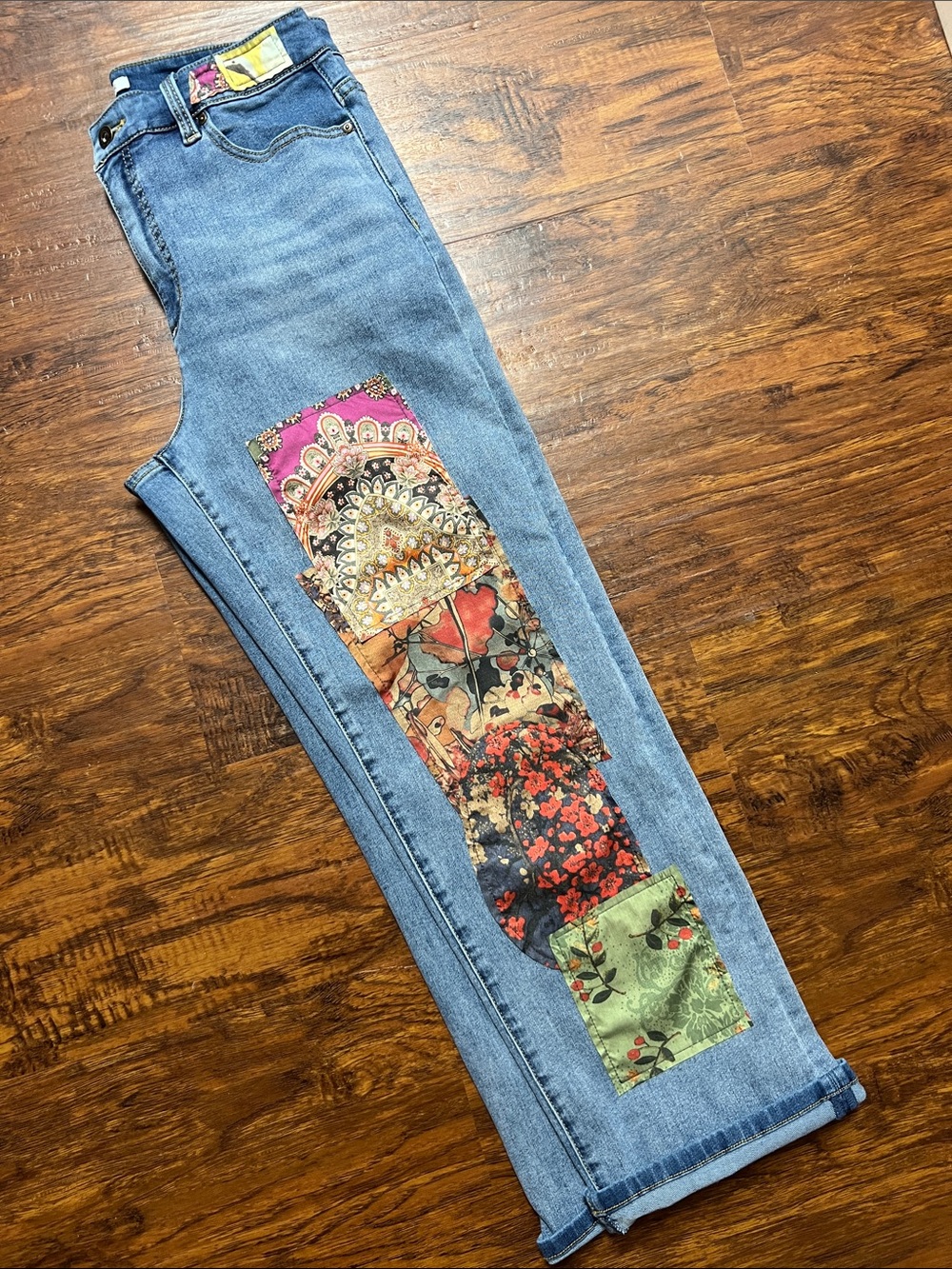 John Mark Light Blue Straight Leg Jeans with Colorful Patchwork